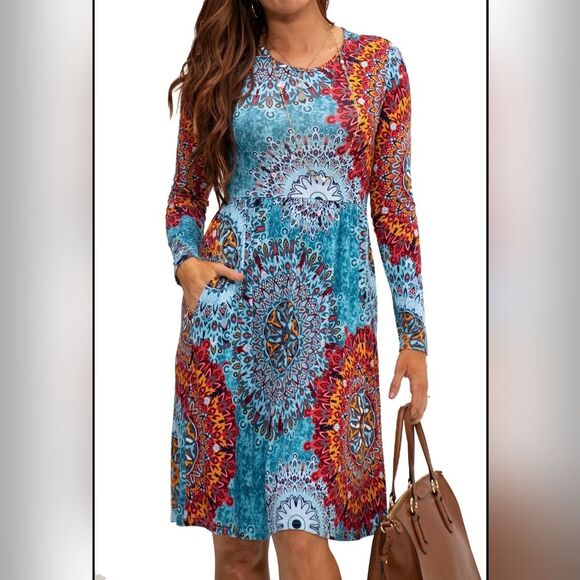 Boho Midi Dress Jersey Knit Colorful Geo Indie Casual Hippie Gypsy Pockets XL - Picture 1 of 11